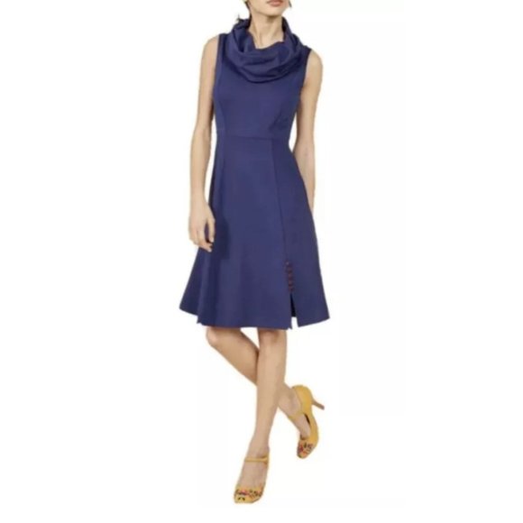 Anthropologie ModCloth A Line Dress L Large Blue Collared Stretch Career NEW - Picture 8 of 14